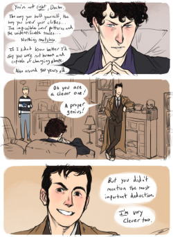 ten you are too hard to draw :( consulting-timelord: Could  you draw a Sherlock and Doctor Who crossover? Or characters from both  shows meeting? theworldsonlyconsultingdetective: Could  you pleaseee draw Holmes &amp; Watson meeting Doctor who?! :D