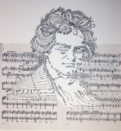 coloredmondays:  Beethoven in Music by Erika Iris Simmons Using an X-acto knife, Erika cut up actual Beethoven sheet music, carefully keeping each note and bar in place before rearranging them into a portrait of the iconic composer, as if Beethoven was