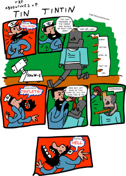 samael: crayondrawlings:  tastefulcomics:   I have never read a Tintin comic. Now I’m going to get flooded with all kinds of ‘Herge would never use blue speech bubbles’ ‘Snowy isn’t the dog’s real name’ ‘Captain Haddocks jumper is a more