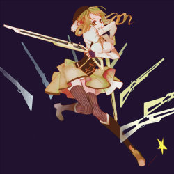 elliottmarshal:  [Image: A full color image of Puella Magi Madoka Magica character Mami Tomoe. She smiles as she leaps through the air, her arms crossed over her body as she hoists two huge guns around. We can see other guns hanging in the air behind