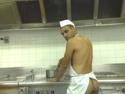 punkassweasel:  apebit:  Suddenly craving shawarmas and manbutt.  I actually have this weird fetish for guys wearing nothing but aprons. I guess it’s because it implies my ultimate fantasy: someone is going to cook me dinner and then let me fuck them.