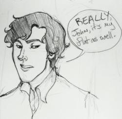 sketching out some details for a short porny Sherlock/John comic I&rsquo;ve got knocking around in my head. Sherlock is objecting to Johns outrageous demand that he put some trousers on.