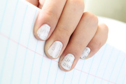 fuckyeahmakingstuff:    Step one: Grab some newspaper and cut it into pieces big enough to cover your nails. You can even find specific words you want and spell things, though the letters do show up backwards.  Step two: Paint your nails white. A