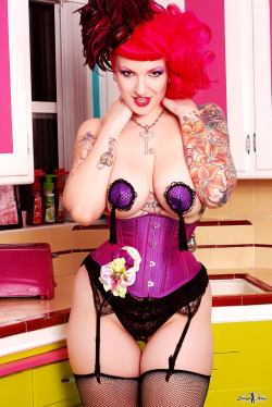 dangerninja:  Danger Ninja / Xanthia Pink / Exquisite Restraint Corsets / Gothfox Pasties / Xanthia Pink Designs New set of Xanthia in her kitchen from my last LA trip.  One of the coolest, sweetest and most beautiful ladies on the planet.