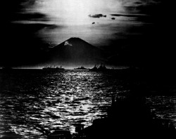Mount Fujiyama, Japan as seen from BB-57 South Dakota in Tokyo Bay, August 1945