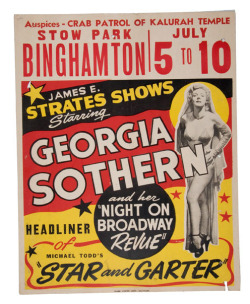 bhof:  A vintage 1948 carnival show poster featuring: Georgia Sothern and her “Night on Broadway Revue”..  