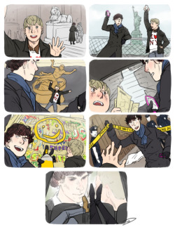 Last thing for Sherlock NYC which had their season 1 screening yesterday; a secret little comic for their pamphlet. Sherlock and John&rsquo;s NYC vacation! It sounds like the event went awesomely, so look for more stuff from these guys in the future!