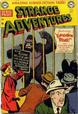 comicbookcovers:  Strange Adventures #8, May 1951, cover by Win Mortimer  I love old comics&rsquo; fascination with apes (or gorillas specifically)