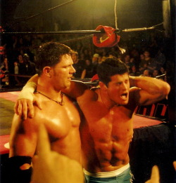 hunksofwrestling:  Sweaty and shirtless, perfect combo.   AJ Styles &amp; Evan Bourne! Yes!