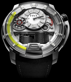 moare:  thefibonaccist:  unknownskywalker:  HYT H1 Hydro-Mechanical watch by HYT Watches The H1 is the first timepiece ever to combine mechanical and liquid engineering. Pistons in the movement move the bellows. As one expands the other one compresses