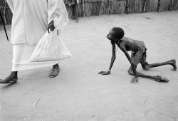 orehamo:  politics-war:  A well nourished Sudanese man steals maize from a starving child during a food distribution at Medecins Sans Frontieres feeding centre at Ajiep, southern Sudan, in 1998.    0_0 حرااااااااااااااااااااااام