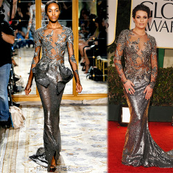 fashionofglee:  Lea Michele at the 69th Annual Golden Globe Awards, Beverly Hills, January 15, 2012 With a long glittery train and seashell details, Lea’s dress is delightfully mermaid-esque. Marchesa Spring 2012 Long Sleeve Sequin Dress 
