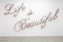 kari-shma:  Iranian artist Farhad Moshiri’s latest installation titled ‘Life is Beautiful’, was created using hundreds of knives stabbed directly into a gallery wall. The use of everyday objects, which on occasion can become lethal weapons, reveals