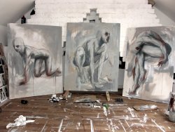 bael-art:  Shot of my studio taken last year, as you can see I work in a draughty, dingy attic that is known a ‘The White Room’ I love it, even though its a god awful mess that stinks if cigarette smoke and oil paint :) Regards Bael 