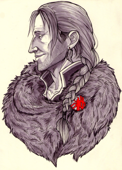 kassafrassa:  shimmy said she needed older anders with long braided hair so i sketched that out for her `u`  also bundled up in one of hawke’s fur cloaks because i want everyone bundled up in fur cloaks and i guess he got another ear piercing because