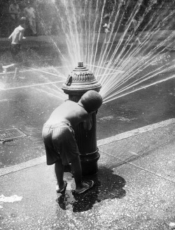 luzfosca:  New York children cooling off under the spray of a fire hydrant during a heat wave, 1945. Peter Keegan/Keystone/Getty Images 