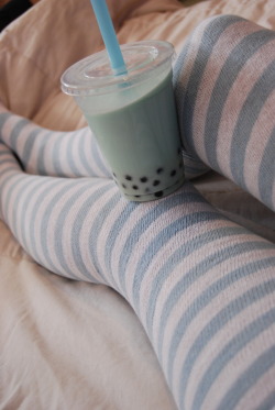 sockdreams:  pearmaiden:  Blue boba  Two things I love: yummy bubble tea, and White &amp; Light Blue M Stripes (Ű). 