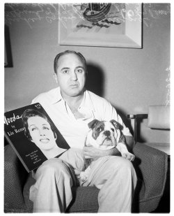 bhof:  Mobster Mickey Cohen poses with girlfriend Liz Renay’s album: &ldquo;Moods&rdquo;; and his bulldog: Mickey, Jr.  Photo c. 1957, from the Los Angeles Examiner Negatives Collection, 1950-1961. 