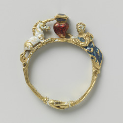 pythias: Ring with unicorn, heart, lady, and clasped hands. Made in Germany or Italy, c.1550-1600 (source)