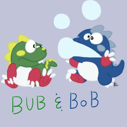 More video game fanart, Bub and Bob from Bubble Bobble! I never actually owned Bubble Bobble but as a kid I used to go with my mom to this laundromat which had two arcade machines, Bubble Bobble and something else that was broken. We didn&rsquo;t usually