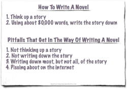 neil-gaiman:  How to Write a Novel. And you know, this is pretty much everything you need to know. The rest is detail, most of which is irrelevant… (Stolen from http://www.nicalderton.com/blog/HowToWriteANovel/) 