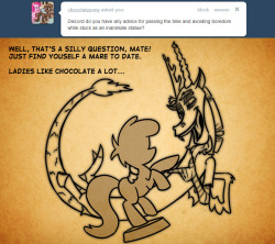 chocolatepony:  statued-discord-replies:  Where have they even found NONEXPLOSIVE chocolate to make you, worthless statue?  Oh Discord… -_- (I love this, this is just epic!)  Statued-Discord is brilliant Chocolate Pony is brilliant