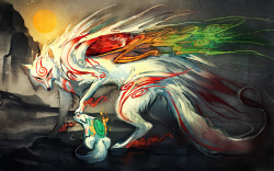 sakimichan:  Okami Shiranui and chibiterasu , I was going to finish it in Sai but then I got home from school(half finished) and since I only have a mac at home  I couldn’t use sai : (… oh well this was a fun experiment … 
