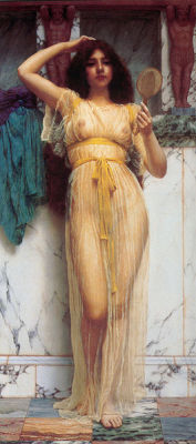 fluxstation:  The Mirror. John William Godward. 1899. Oil on canvas. 31 5/8 × 14 3/4 inches (80.6 × 37.5 cm).  “The appearance of beautiful women in studied poses in so many of Godward’s canvases causes many newcomers to his works to categorise