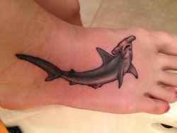 fuckyeahtattoos:  Hank the Hammerhead shark! my newest addition to my body! got Hank by Mike at Saint Sabrinas in Uptown Minneapolis. (ive posted two other tattoos by him a giraffe on my side and the truffula trees also on my side)  Hammerheads have