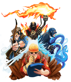 cuddlyxmedics:  unfreakintouchable:  lildeadlymeesh:  TF2 Elementals ((Pyro: Fire, Tentaspy: Water, Engineer: Earth, Sniper: Air )) Commissioned by LadyRhianwriter  [Long ago, the four nations lived together in harmony?]  And then total baddassery appeare