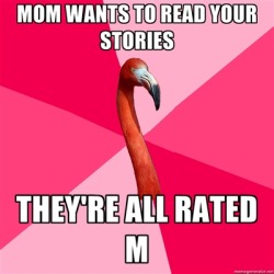 fuckyeahfanficflamingo:  [MOM WANTS TO READ YOUR STORIES (Fanfic Flamingo) THEY’RE ALL RATED M] 