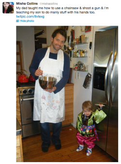 fuckingrecipes:  glassandrhubarb:  nevertakesamsfashionadvice:  this is so great cause he’s teaching west that gender doesn’t dictate what you can enjoy and i love that ok i’m gonna go now  this hurts its so perfect  *why misha collins is my hero