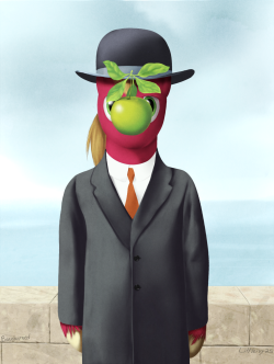 braeburned:  Pssh, all you pony artists emulating other pony artists. MAGRITTE SON “Son of Man”, interpreted as “Son of Mac”. ITS A PUN All digitally painted, just referencing the original. The original here. Man that suit was fun to render. And