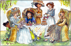 fantasyfaire:  imagineeringdreams:  taijavigilia:  Random request week results 2 of 3. “The Disney Princesses at high tea, drawn to look like their film’s ages (Snow White is 75, Cinderella is 62, Aurora is 53, etc.). More grande dame than goofy.