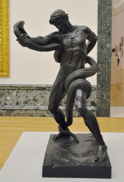 fckyeaharthistory:  Lord Frederic Leighton - An Athlete Wrestling with a Python, 1877. Bronze From the Tate Gallery:  The painter Frederic Leighton was infatuated with Italian art. His extensive study in Frankfurt, Rome and Paris made him well aware
