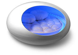          handcrafted fiberglass shell and bed temperature controlled round water bed phillips color kinetics LED lighting system anthony gallo high fidelity sound system ipod universal dock              