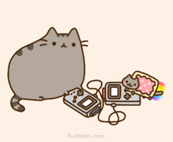 zeta-x-zero:  pusheen:  On the weekends I meet up with Nyan Cat to trade Pokemon!  Pokemon Red and Blue 