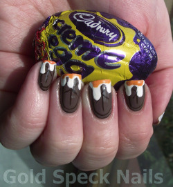 goldspecknails:  Creme Egg Drip Nails Today’s challenge over at Adventures In Stamping was to do a mani without stamping as a sort of April Fools’ Day mani. Base Coat: Nail RX - Stuck On You Base Colour: W7 - Suede Lines: Acrylic Paints Tips: Sally