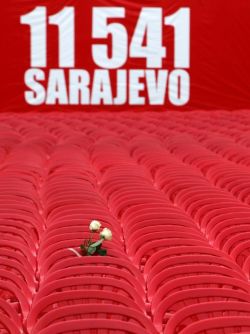 fotojournalismus:  Red chairs are displayed along a main street in Sarajevo as the city marks the 20th anniversary of the start of the Bosnian war on April 6, 2012. Some 100,000 people died and 2 million people were forced from their homes as Bosnia