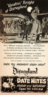 steamboat-willies:  Date Nite at Disneyland advertisements, 1957 (right) &amp; 1959 (left). 