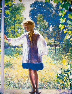 veareflejos:  Daniel Garber (1880-1958) Tanis, 1915 Oil on canvas, 60 x 46.2 Philadelphia Museum of Art Garber created several large scale figure pieces depicting his daughter, Tanis. Here he has depicted her as if standing in a doorway of his studio