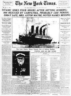 futurejournalismproject:  One hundred years ago today the Titanic hit an iceberg south of Newfoundland. This is tomorrow’s New York Times. Bonus: Images of the Titanic wreck made by stitching together hundreds of optical and sonar images collected by