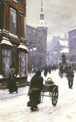 oilpaintinggallery:  A Street Scene In Winter Copenhagen Artist: Paul Fischer 