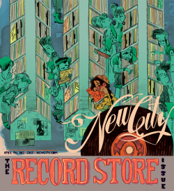 jeremysorese:  I drew my fifth NewCity cover this week! Pick a copy up Chicagoans!  The turn around on this one was really tight, got the job Sunday morning and the final was due Tuesday morning. Record stores really stress me out and I inevitably feel