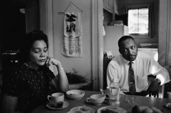  In this photograph, Coretta is upset with her husband, who had been attacked the night before by a disturbed white racist but had not defended himself. Though the police urged King to press charges, he refused. “The system we live under creates people