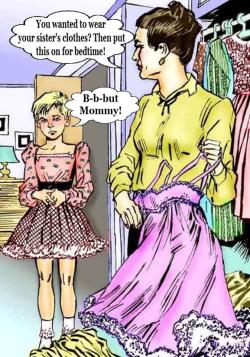 iamgraciegirl:  feminization:  Sissyboy, you have to wear a ladies nightdress.  mmmmm while only a cartoon.. this really hits home.. so many years ago……. red faced, caught, unknowing what to do or how to act… having to obey…… and unable to sleep