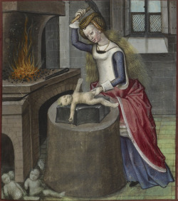 demonagerie:  British Library, Harley 4425, f. 140 ‘Nature forging a baby’. Guillaume de Lorris and Jean de Meun, Roman de la Rose. Bruges, c.1490-c.1500. Are those the finished babies on the ground, the rejects, or the templates? 