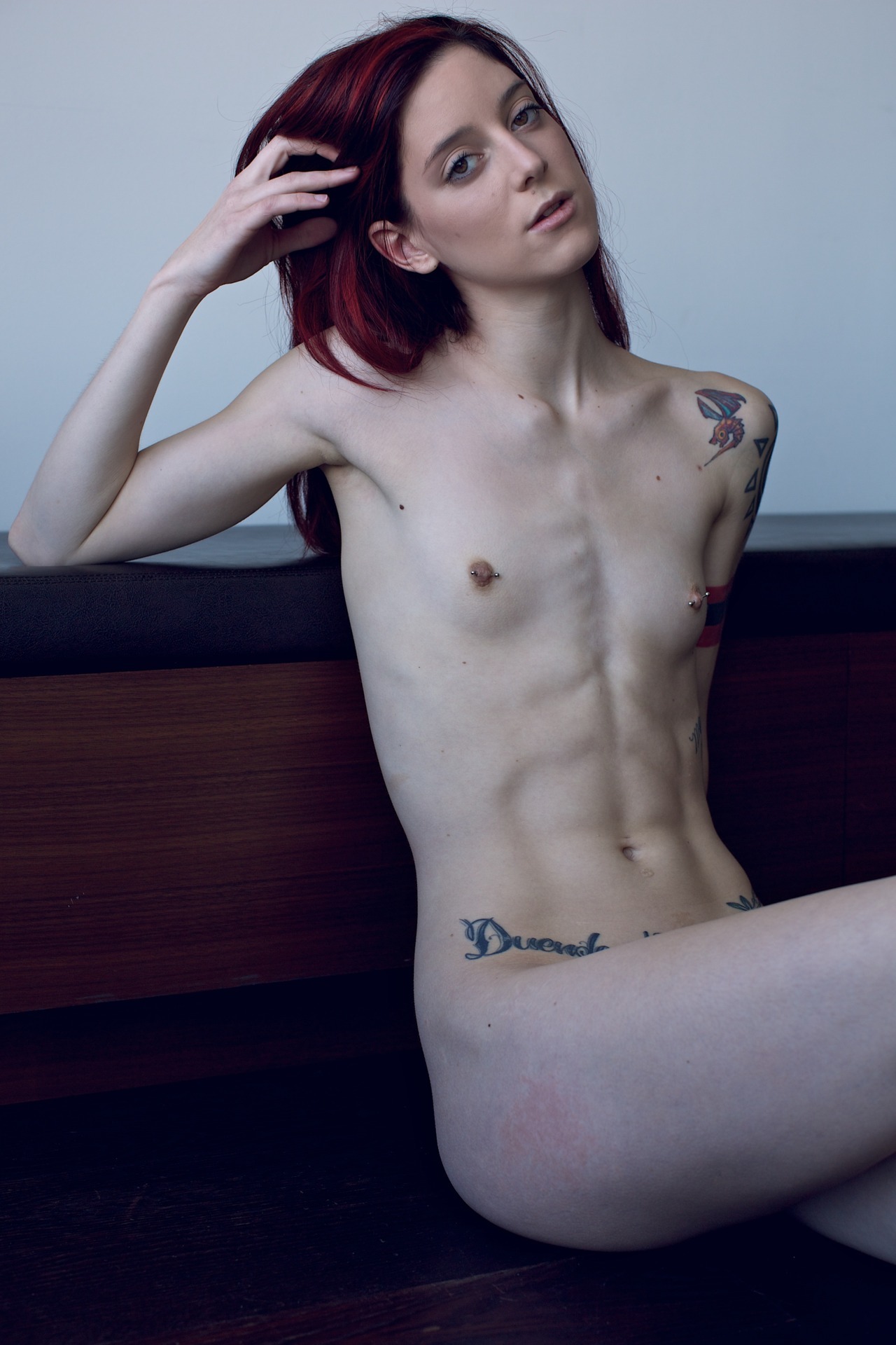 Extremely skinny girls posing nude for food