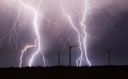 thiscaledonianlife:  Dehlitz, Germany — Multiple lightning strikes hit the earth as a thunderstorm moves through a wind farm in eastern Germany. PHOTOGRAPH BY: BERND MAERZ / DPA (via Pictures in the News | May 3, 2012 - Framework - Photos and Video