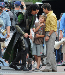 fuckyeahgodofmischief:  How do you find reactions from fans or kids to Loki’s character?  TOM HIDDLESTON: Mark Ruffalo’s son. I kind of dedicate my performance to his son, his ten-year old, because he was on set a lot.  Joss Whedon and Kevin Feige,